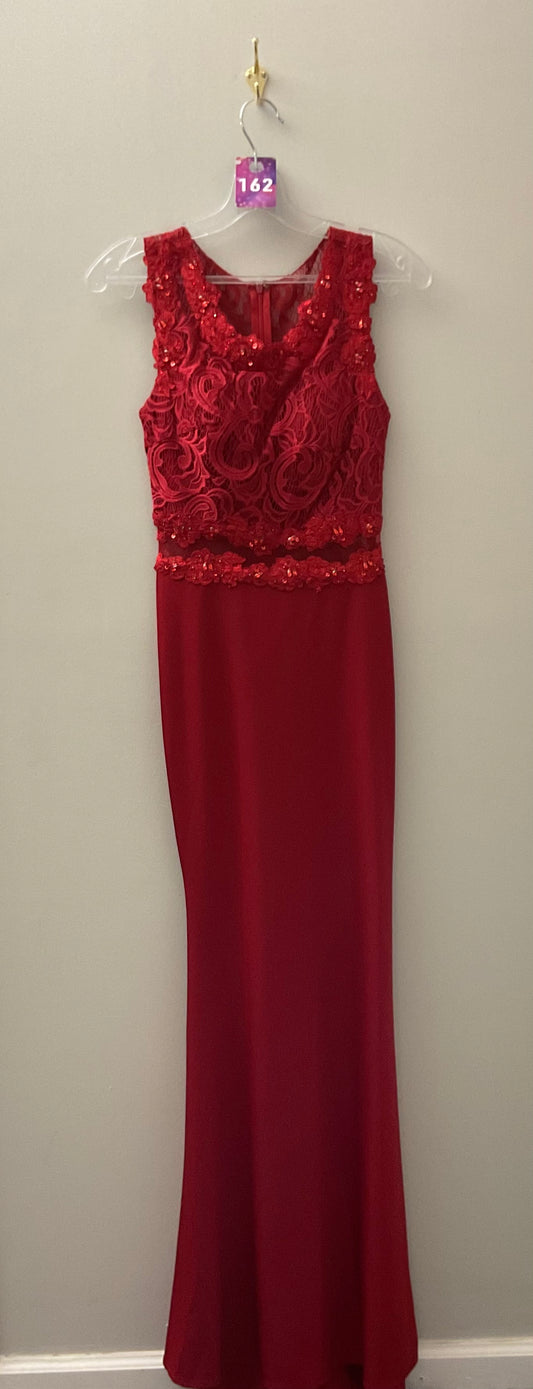 Red with Lace Top and Open Mesh Waist Formal Dress