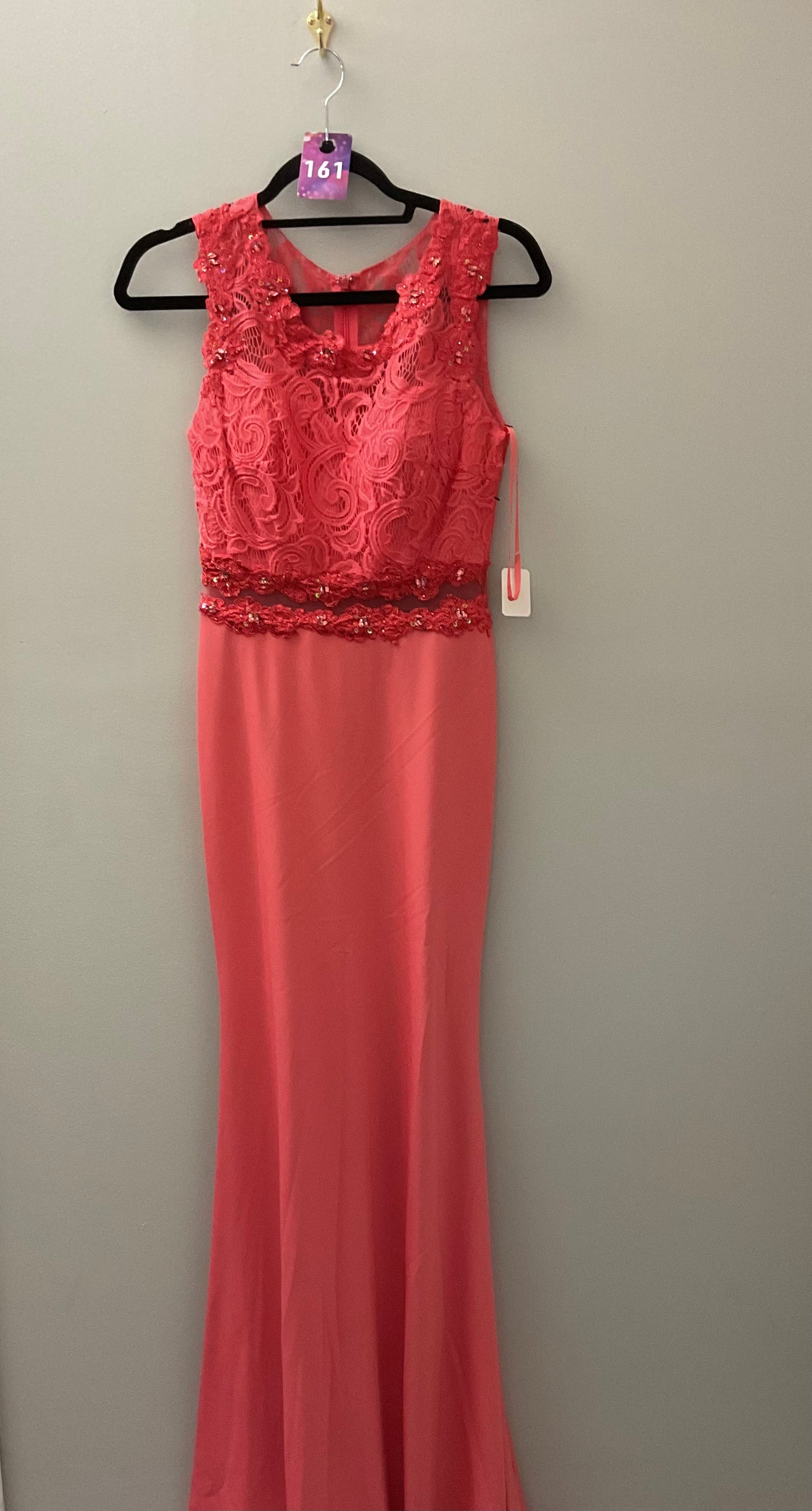 Watermelon with Lace Top and Open Mesh Waist Formal Dress