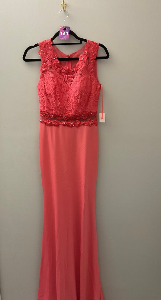 Watermelon with Lace Top and Open Mesh Waist Formal Dress