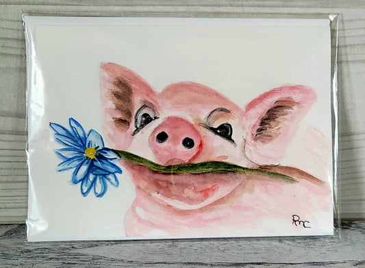 Pig with flower handmade card